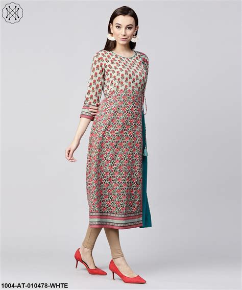 White Printed 3/4Th Sleeve Cotton Anarkali Kurta With Side Latkan ...
