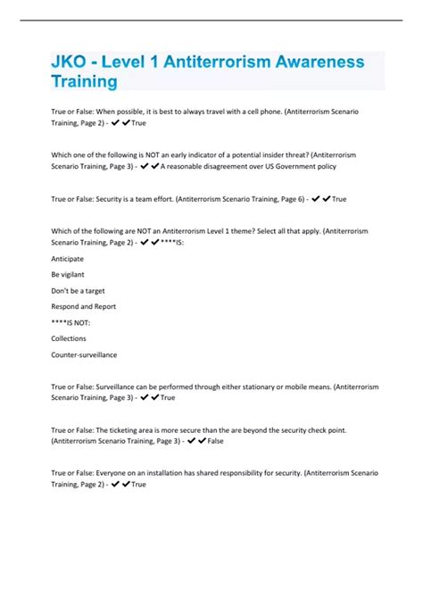JKO - Level 1 Antiterrorism Awareness Training Questions and Answers ...