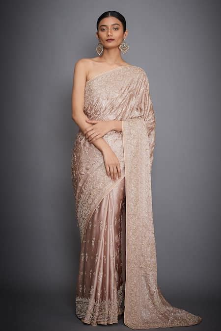 Buy Beige Silk Satin Embroidered Zardozi Work Saree With Unstitched ...