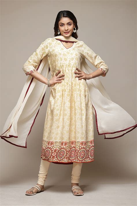 Beige Rayon Gathered Kurta Churidar Suit Set