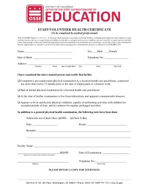 DC OSSE Staff/Volunteer Health Certificate - Fill and Sign Printable ...