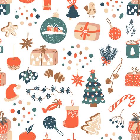 Christmas pattern. Vector background with spruce, garland, gingerbread ...