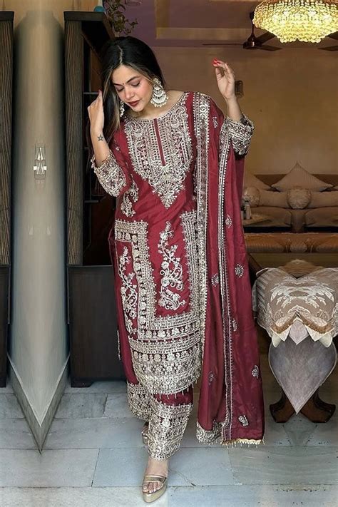 Ready To Wear Full Maroon Chinon Heavy Embroidered Pakistani Salwar ...
