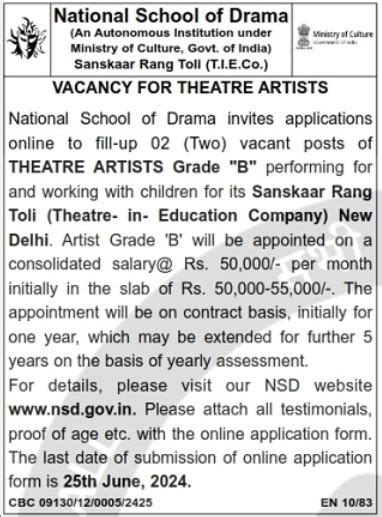 National School of Drama Recruitment 2024 Apply Online | 02 Theatre ...
