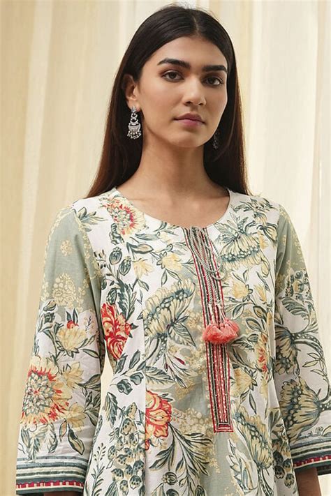 Sage Green Pure Cotton Floral Kalidar Suit Set Kurta,Palazzo,Dupatta at ...