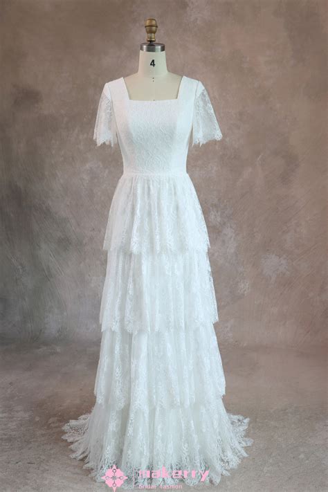 Vintage A Line Tiered Lace Wedding Dress With Square Neckline ...