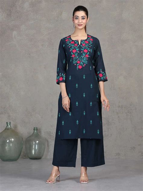 Navy Blue Embroidered Straight Cotton Co-ord Set – Cotton Culture