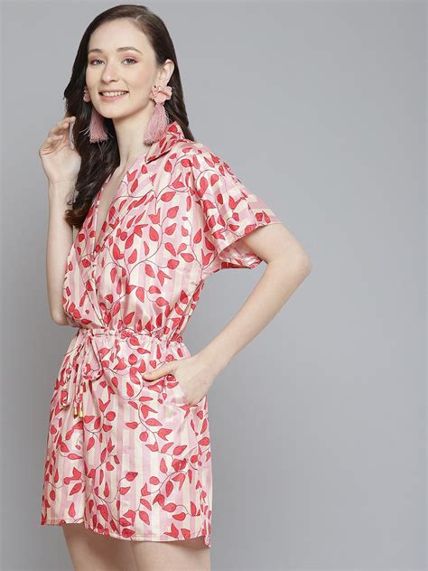 Buy Women Pink & Red Leaf Print Notched Collar Romper Online at Sassafras