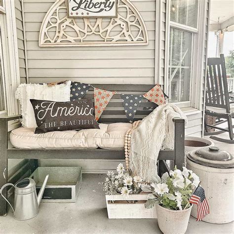 Welcoming Front Porch Bench With Patritic Decorations - Soul & Lane