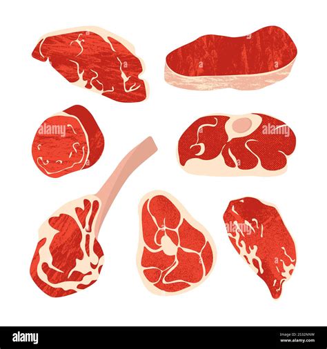 Raw beef steak cuts. Butcher meat products, flat cartoon sirloin ...