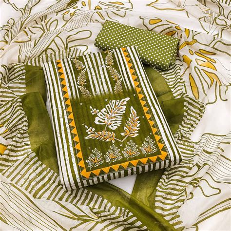 Green Striped Printed With Embroidered Pure Cotton Dress Material