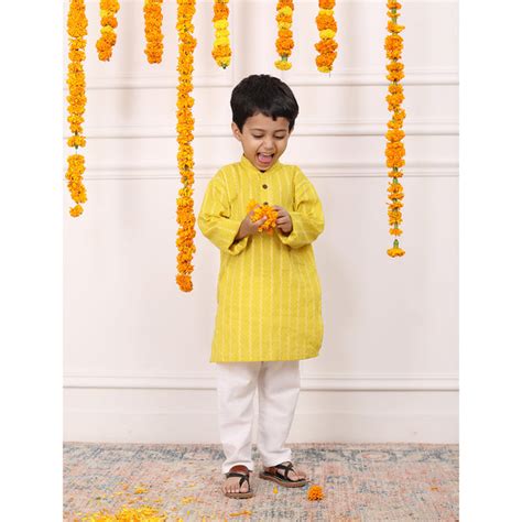 Boys Kurta Pyjama Set in Cotton - Yellow – biglilpeople