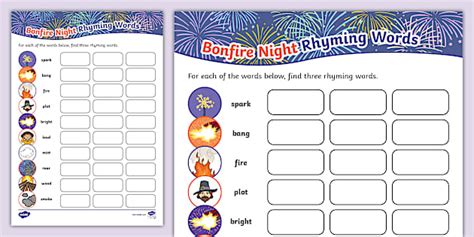 Bonfire Night Rhyming Words Worksheet - Twinkl