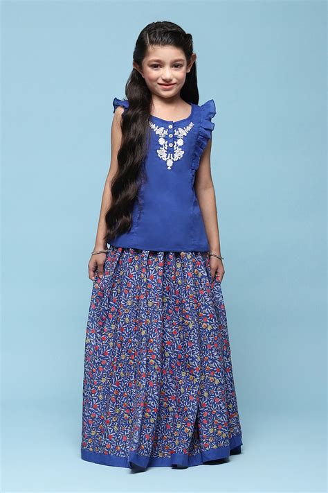 Blue Cotton Straight Printed Kurta Skirt Suit Set at Biba India