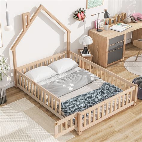 Montessori Floor Bed, Floor Bed Full with 16" Fence Railings and Roof ...