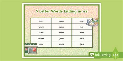 5 Letter Words Ending in -re Word Mat (teacher made)