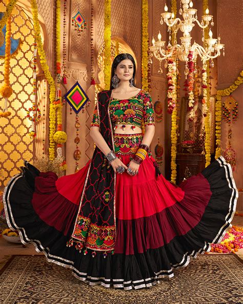 Traditional Red Multi Color Thread And Mirror Work Lehenga Choli – TANHAI