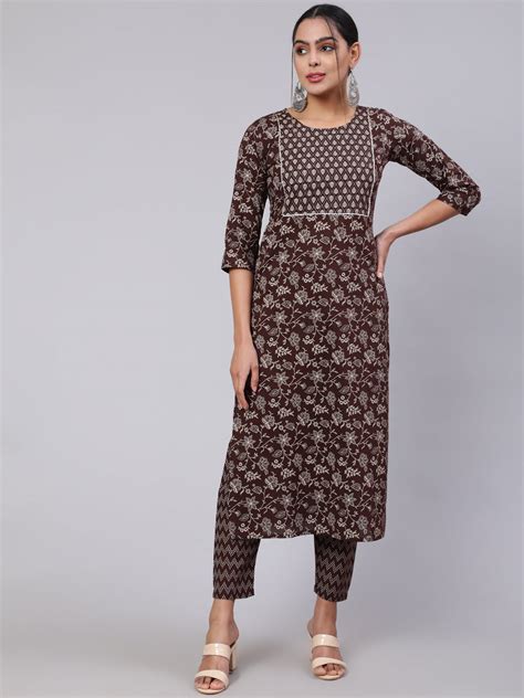 Brown Ethnic Printed Straight Kurta With Trouser – Trendphoria
