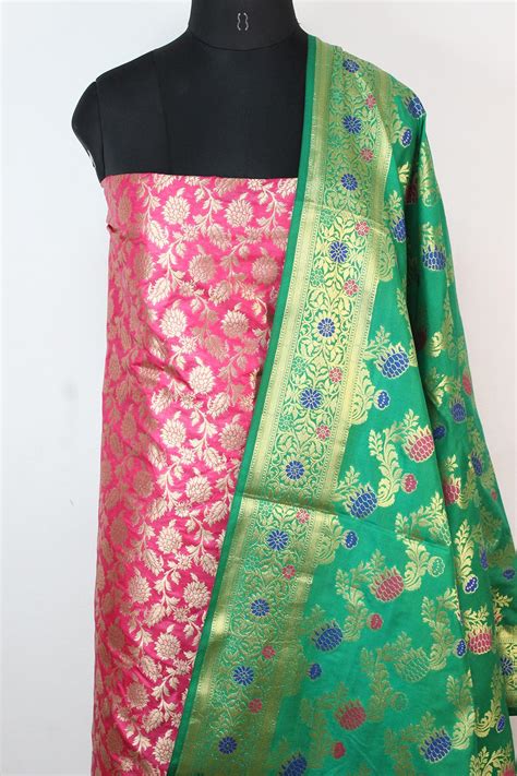 Stunning Pink Banarasi Silk Suit with Green Meenakari Dupatta