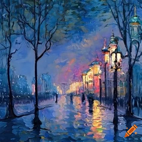 Impressionist painting of rain at night in st. petersburg on Craiyon