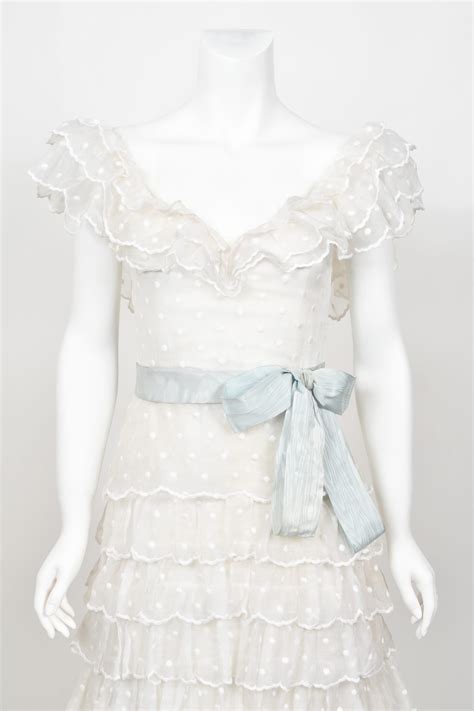1978 Chanel Haute Couture White Eyelet Cotton Off-Shoulder Tiered Bridal Gown For Sale at 1stDibs