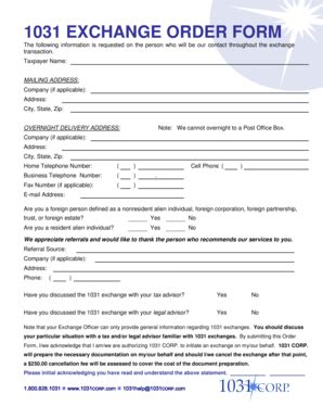 1031 EXCHANGE ORDER FORM - 1031 CORP. - Fill and Sign Printable ...