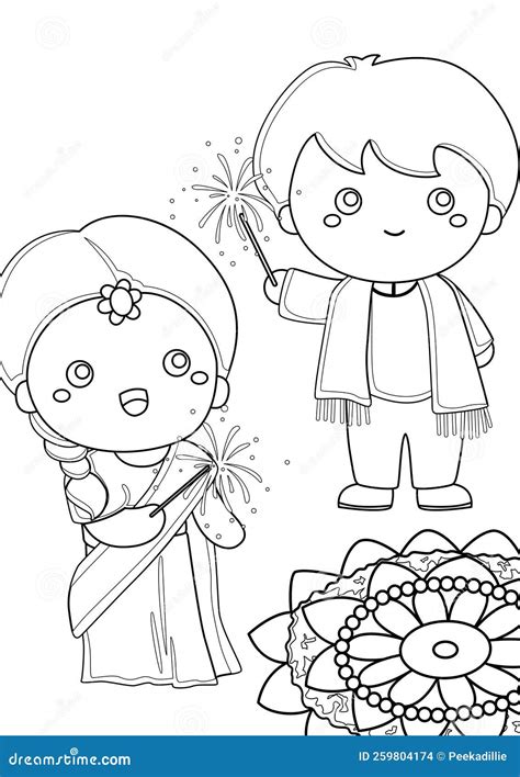 Diwali Deepavali Couple Festival Coloring Pages A4 for Kids and Adult ...