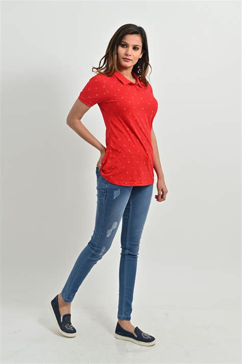 Woman in Red Polo Shirt and Denim Jeans with Hand on Waist · Free Stock ...