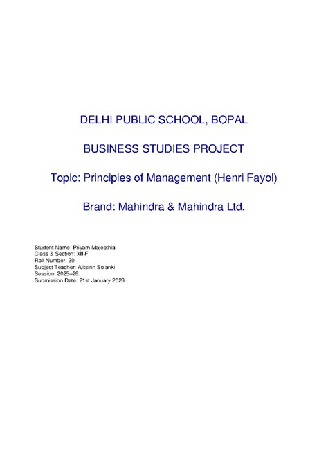 Mahindra Business Studies Project: Principles of Management (CBSE ...