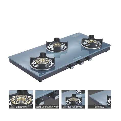 Sunshine Royal Blue Three Burner Toughened Glass Gas Stove Manual Igni ...