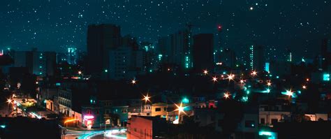 Download wallpaper 2560x1080 night city, view from above, starry sky ...