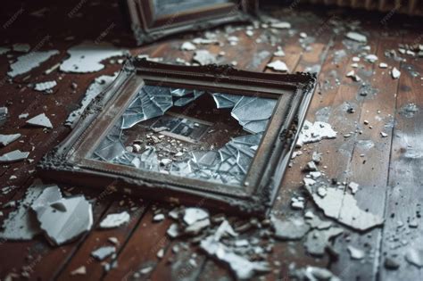 Broken mirror frame on wooden floor surrounded by shattered glass ...