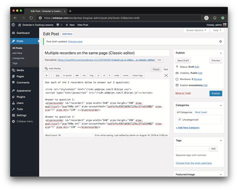 Adding The Pipe Video Recorder to WordPress Posts & Pages