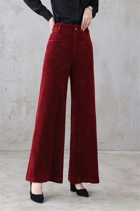 Red Corduroy Pants, Wide Leg Pants for Women, Long Pants, High Waist ...