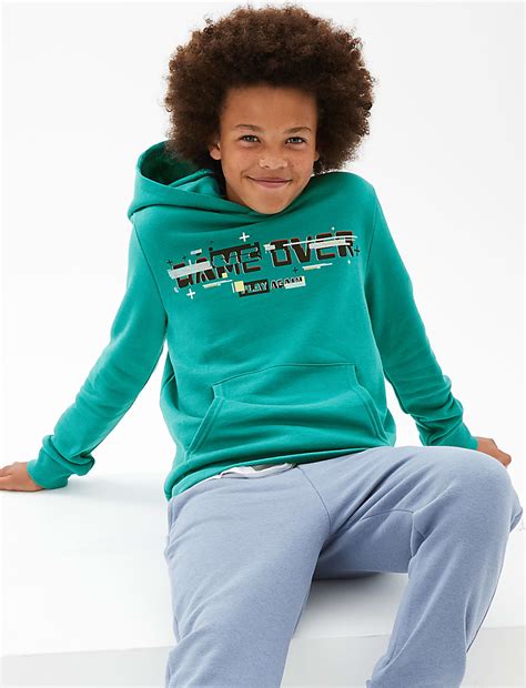 Buy Cotton Rich Game Over Slogan Hoodie at Marks & Spencer