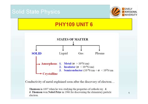 Phyunit 6 - Lecture notes - 1 PHY109 UNIT 6 Solid State Physics 2 ...