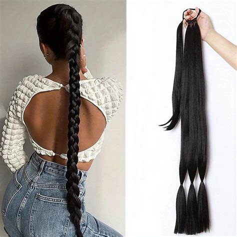 Long Braided Ponytail Extension With Elastic Hair Tie Straight Sleek ...