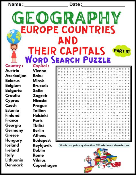 GEOGRAPHY EUROPE COUNTRIES AND THEIR CAPITALS - Word Search Worksheet Activity | Made By Teachers