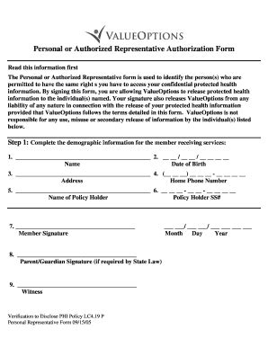 Fillable Online Personal or Authorized Representative Authorization ...