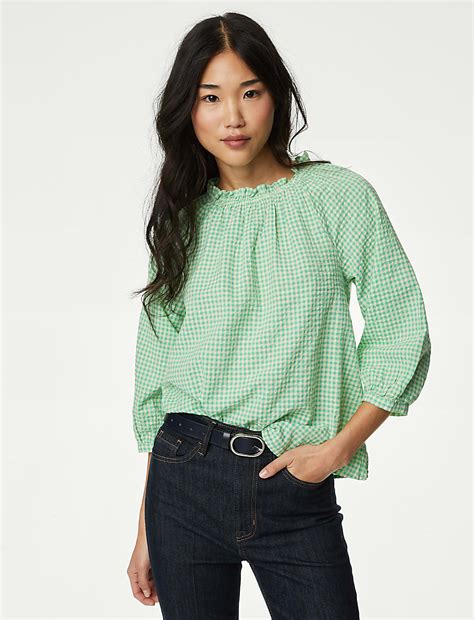 Buy Pure Cotton Gingham Ruffle Blouse at Marks & Spencer
