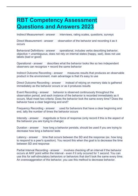 RBT Competency Assessment Questions and Answers 2023 - Rbt - Stuvia US