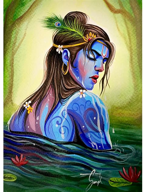 Lord Krishna In River | Acrylic On Paper | Exotic India Art