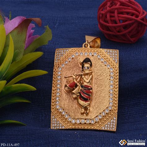 Big Krishna In Diamonds Rectangle Gold Plated Pendant For Men - Style ...
