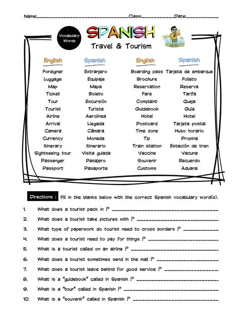 Spanish Travel & Tourism Vocabulary Word List Worksheet & Answer Key | Made By Teachers