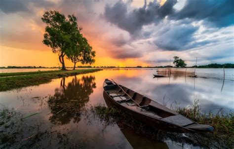 Wallpaper summer, the sky, water, clouds, sunset, river, boat for ...