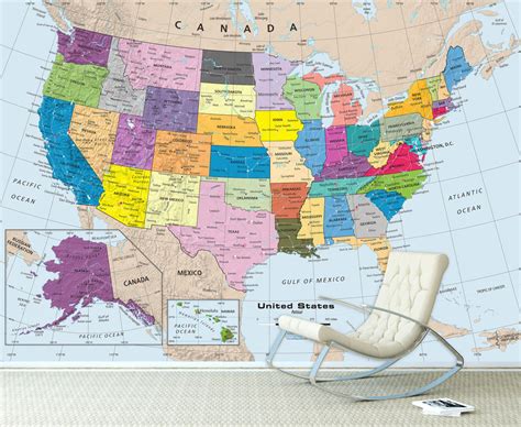 United States Colorful Political Map Wall Mural - Removable Wallpaper ...