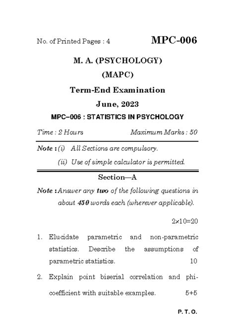 MPC-006 - Mpc 006 question paper for practice - P. T. O. No. of Printed ...