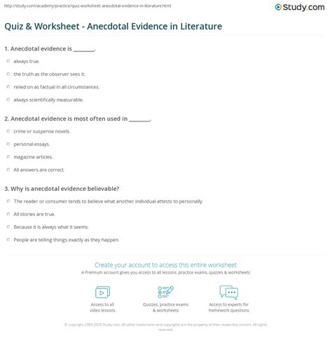 Quiz & Worksheet - Anecdotal Evidence in Literature | Study.com
