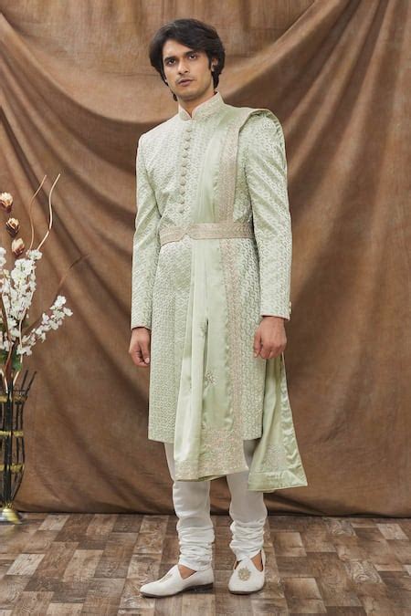 Buy Green Modal Silk, Lucknowi Fabric Thread Work Embroidered Sherwani ...