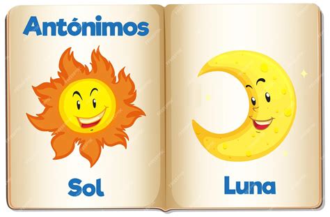 Premium Vector | Antonym word card in spanish sol and luna means sun ...